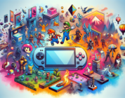 A colorful and dynamic image of a Nintendo Switch console with a variety of popular game titles floating around it, such as Super Mario Odyssey, The Legend of Zelda: Breath of the Wild, and Animal Cro