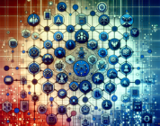 An abstract representation of the PlayStation Network, featuring interconnected nodes, icons of popular games, and a futuristic grid aesthetic