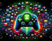 A glossy, high-tech Xbox controller with a glowing green Game Pass symbol in the center, surrounded by a vibrant array of video game icons and characters representing the diverse games available on th