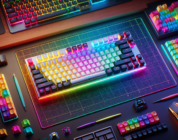 A high-angle photograph of a mechanical keyboard laid out on a colorful desk mat. The keyboard has RGB lighting and a variety of keycaps.