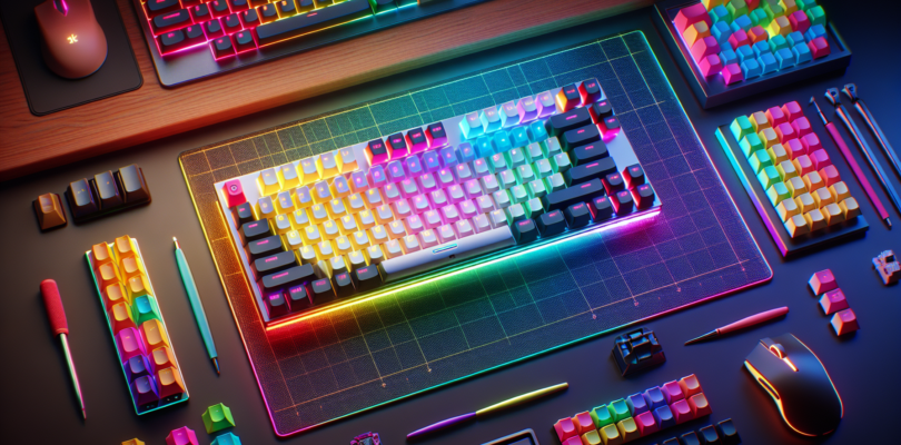 A high-angle photograph of a mechanical keyboard laid out on a colorful desk mat. The keyboard has RGB lighting and a variety of keycaps.