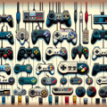 An evolution of video game controllers through the ages, depicted in a single image. Each controller should be a unique and iconic design, representing a different era of gaming history. The controlle