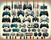 An evolution of video game controllers through the ages, depicted in a single image. Each controller should be a unique and iconic design, representing a different era of gaming history. The controlle