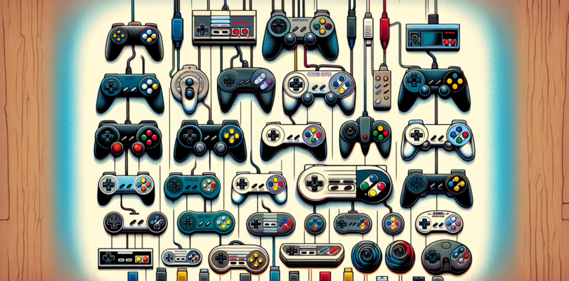 An evolution of video game controllers through the ages, depicted in a single image. Each controller should be a unique and iconic design, representing a different era of gaming history. The controlle