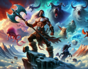 An epic digital painting of Kratos, the protagonist of the God of War series, standing atop a mountain under a stormy sky, wielding his signature Leviathan Axe, with mythological creatures of Greek an