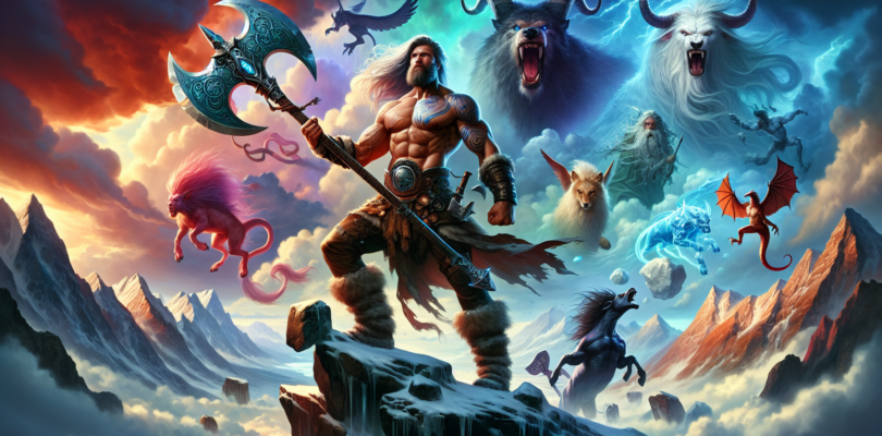 An epic digital painting of Kratos, the protagonist of the God of War series, standing atop a mountain under a stormy sky, wielding his signature Leviathan Axe, with mythological creatures of Greek an