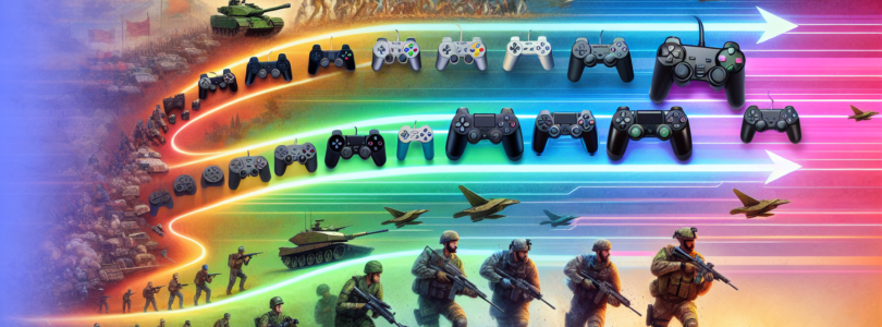 Digital artwork depicting a timeline of video game controllers from the Battlefield series, transitioning from classic to modern, set on a dynamic battlefield background with evolving graphics from 20