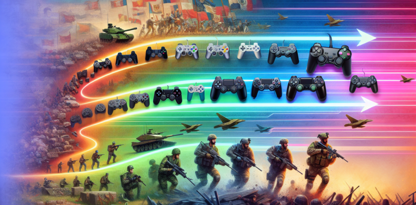 Digital artwork depicting a timeline of video game controllers from the Battlefield series, transitioning from classic to modern, set on a dynamic battlefield background with evolving graphics from 20