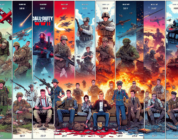 Digital artwork of a timeline showcasing various Call of Duty video game covers from its inception to the latest release, featuring key characters and significant gameplay elements, set against a dyna