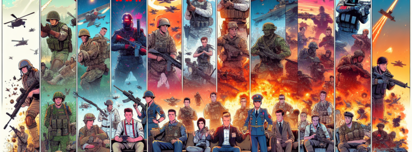 Digital artwork of a timeline showcasing various Call of Duty video game covers from its inception to the latest release, featuring key characters and significant gameplay elements, set against a dyna