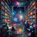 An artistically rendered cosmic library with shelves stocked with holographic books and scrolls detailing the expansive universe of Star Wars series, illuminated under a starry galaxy sky, with iconic