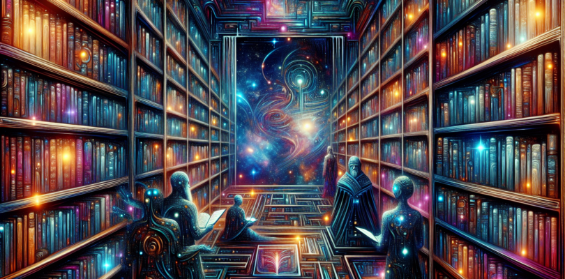 An artistically rendered cosmic library with shelves stocked with holographic books and scrolls detailing the expansive universe of Star Wars series, illuminated under a starry galaxy sky, with iconic