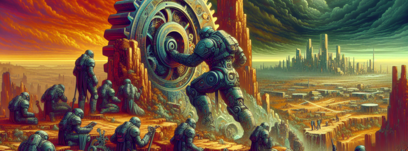 Create an intricate digital artwork of a futuristic, war-torn landscape showing a group of heavily armored soldiers examining mysterious, ancient gears embedded in a cliffside, with a devastated city