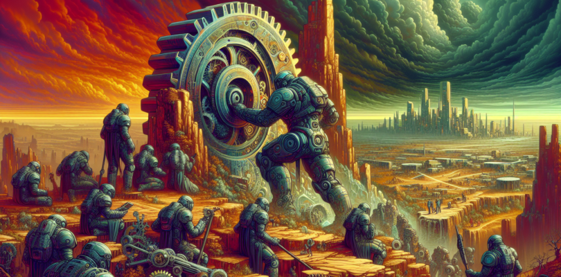 Create an intricate digital artwork of a futuristic, war-torn landscape showing a group of heavily armored soldiers examining mysterious, ancient gears embedded in a cliffside, with a devastated city