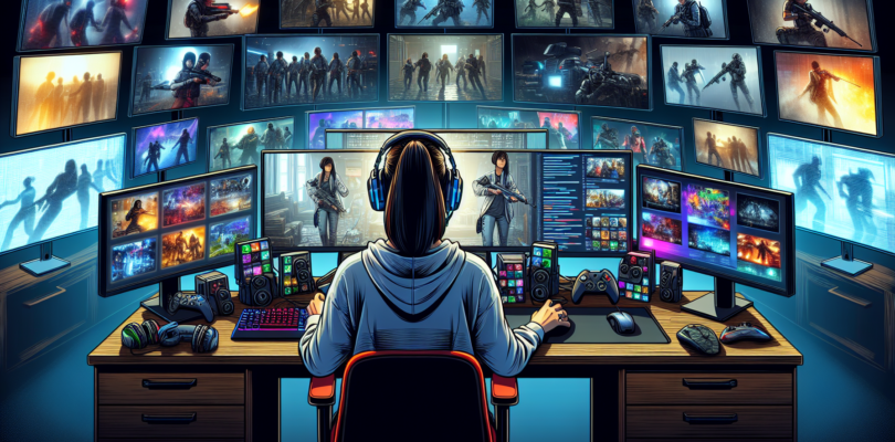 A gamer sitting at their desk, surrounded by gaming monitors. The monitors are all different sizes and shapes, and they display a variety of games. The gamer is wearing a headset and is focused on the