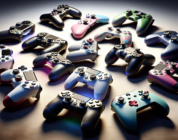 A photorealistic image of several Nintendo Switch controllers arranged in a visually appealing composition, showcasing their diverse designs, colors, and features. The controllers should be placed aga