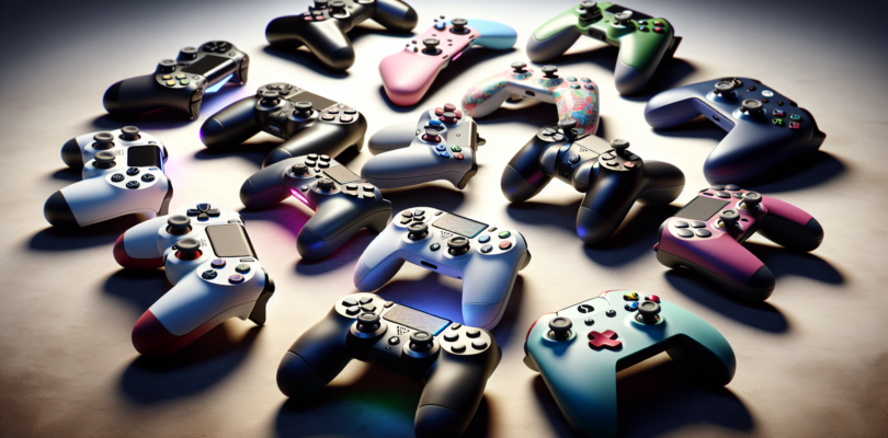 A photorealistic image of several Nintendo Switch controllers arranged in a visually appealing composition, showcasing their diverse designs, colors, and features. The controllers should be placed aga