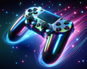 A sleek and futuristic PlayStation 5 controller with an iridescent finish, featuring advanced haptic feedback technology and adaptive triggers, floating against a vibrant background of blue and pink n