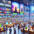 Create an artistic scene of the vibrant PlayStation Store, showcasing a wide array of digital games, downloadable content, and virtual items. Include excited gamers browsing through game titles on lar