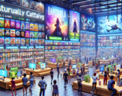 Create an artistic scene of the vibrant PlayStation Store, showcasing a wide array of digital games, downloadable content, and virtual items. Include excited gamers browsing through game titles on lar