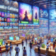 Create an artistic scene of the vibrant PlayStation Store, showcasing a wide array of digital games, downloadable content, and virtual items. Include excited gamers browsing through game titles on lar