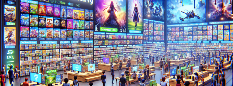 Create an artistic scene of the vibrant PlayStation Store, showcasing a wide array of digital games, downloadable content, and virtual items. Include excited gamers browsing through game titles on lar