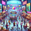 Create an image of a vibrant, digital marketplace filled with colorful gaming icons and characters from various Nintendo franchises like Mario, Zelda, and Pokémon. The scene should resemble a bustling