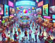 Create an image of a vibrant, digital marketplace filled with colorful gaming icons and characters from various Nintendo franchises like Mario, Zelda, and Pokémon. The scene should resemble a bustling