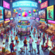 Create an image of a vibrant, digital marketplace filled with colorful gaming icons and characters from various Nintendo franchises like Mario, Zelda, and Pokémon. The scene should resemble a bustling