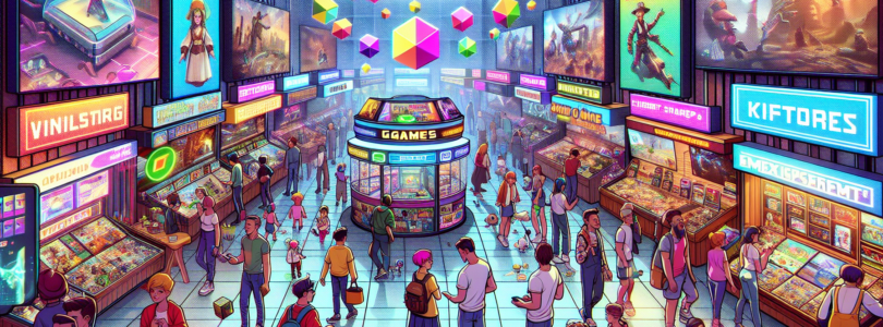 Create an image of a vibrant, digital marketplace filled with colorful gaming icons and characters from various Nintendo franchises like Mario, Zelda, and Pokémon. The scene should resemble a bustling