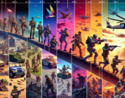 Create an image that showcases the evolution of the Call of Duty video game series over time. Depict a timeline with iconic scenes from various installments of the franchise, starting from the early W