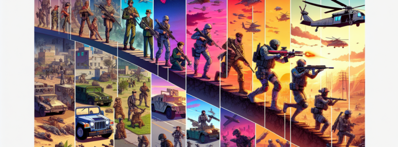 Create an image that showcases the evolution of the Call of Duty video game series over time. Depict a timeline with iconic scenes from various installments of the franchise, starting from the early W