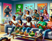 Create an image of diverse gamers in a cozy living room, all engaged in different activities that showcase the variety of games available on Xbox Game Pass. Some players are intensely focused on a mul