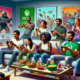 Create an image of diverse gamers in a cozy living room, all engaged in different activities that showcase the variety of games available on Xbox Game Pass. Some players are intensely focused on a mul