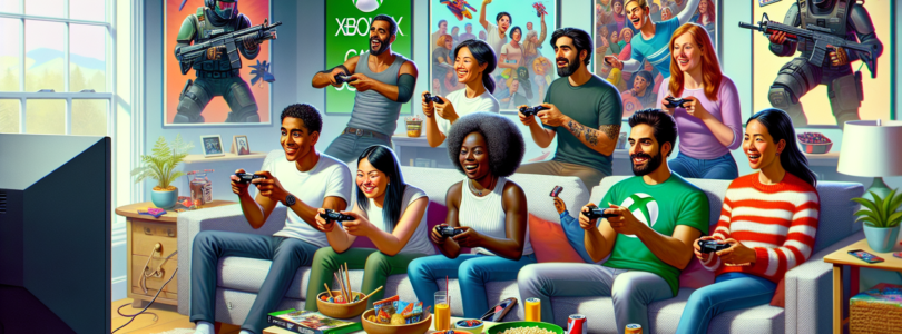 Create an image of diverse gamers in a cozy living room, all engaged in different activities that showcase the variety of games available on Xbox Game Pass. Some players are intensely focused on a mul