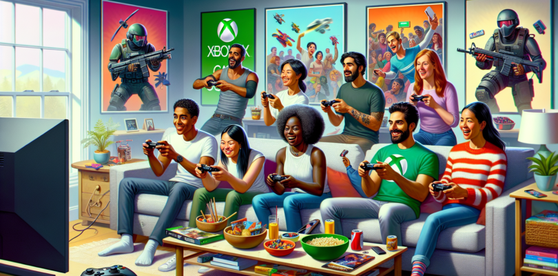 Create an image of diverse gamers in a cozy living room, all engaged in different activities that showcase the variety of games available on Xbox Game Pass. Some players are intensely focused on a mul